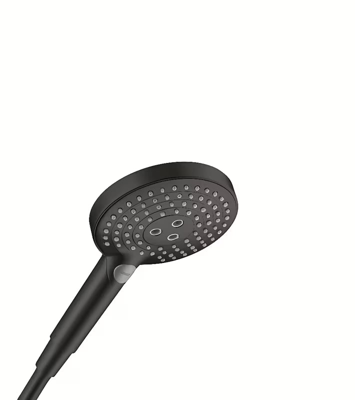 Czarna matowa słuchawka prysznicowa Hansgrohe Raindance Select s o średnicy 125 mm z przyciskiem Select