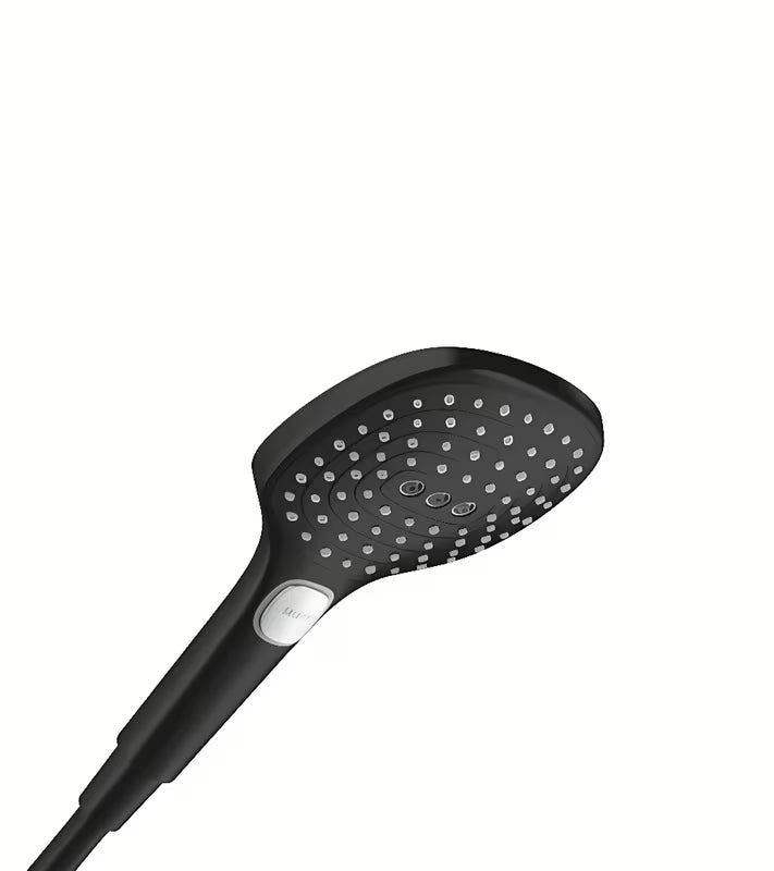Słuchawka prysznicowa słuchawka prysznicowa hansgrohe Raindance Select E 120 w matowej czerni z trzema rodzajami strumienia.