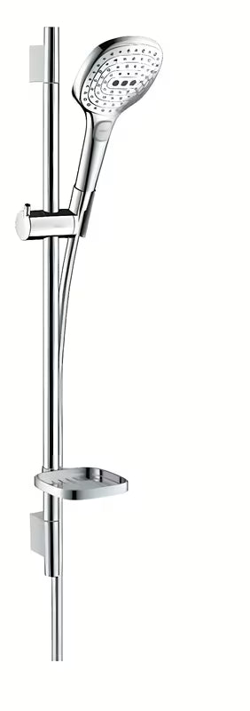 Hansgrohe Raindance Select E zestaw prysznicowy w chromie ze słuchawką prysznicową, drążkiem, wężem i mydelniczką.