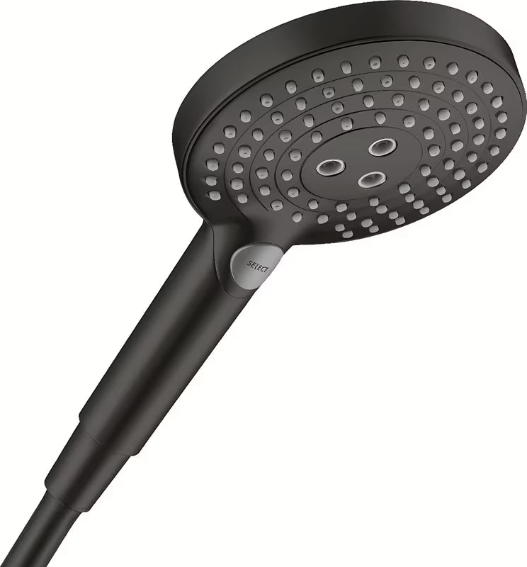 Czarna matowa słuchawka prysznicowa Hansgrohe Raindance Select S z przyciskiem Select z trzema strumieniami
