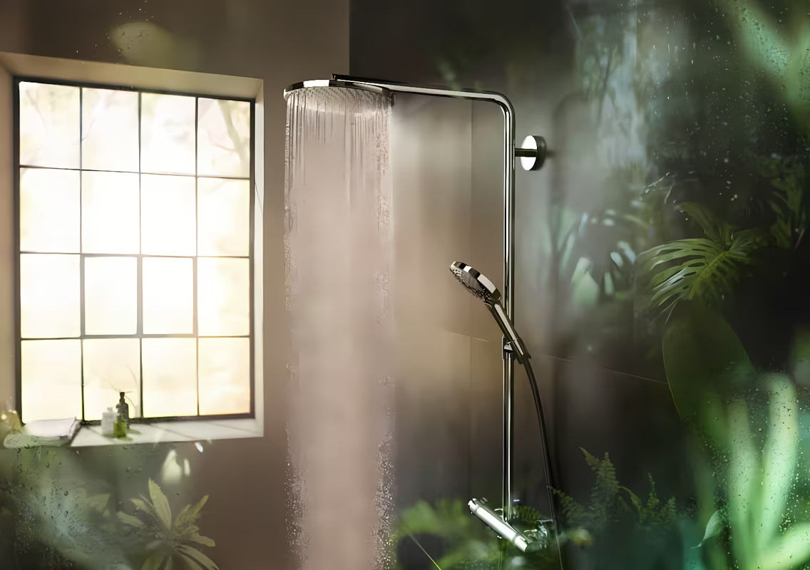 Hansgrohe Raindance Select S system prysznicowy z baterią termostatyczną w chromie z deszczownicą i słuchawką prysznicową