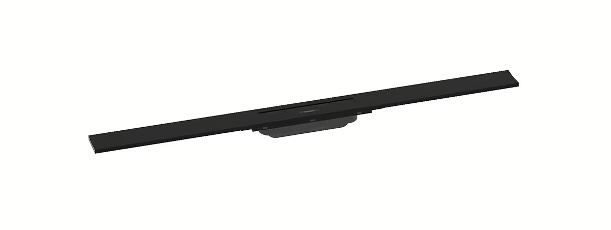 Odpływ liniowy hansgrohe raindrain Flex 90 cm w matowej czerni z designerską pokrywą.