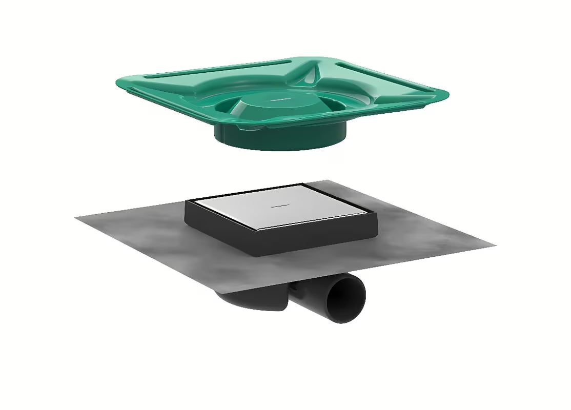 Wpust podłogowy Hansgrohe raindrain Spot z kwadratowym rusztem ze stali nierdzewnej 15 x 15 cm w wykończeniu szczotkowanym.