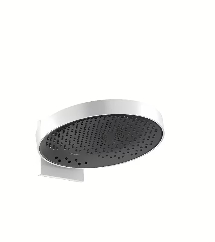 Biała deszczownica Hansgrohe Rainfinity 360 z przyłączem ściennym i antracytową tarczą strumieniową