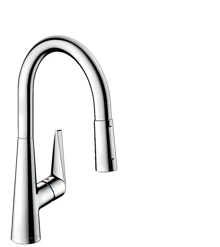 Chromowana bateria zlewozmywakowa Hansgrohe Talis s z wyciąganą wylewką natryskową i przełączaniem między strumieniem laminarnym a prysznicowym.