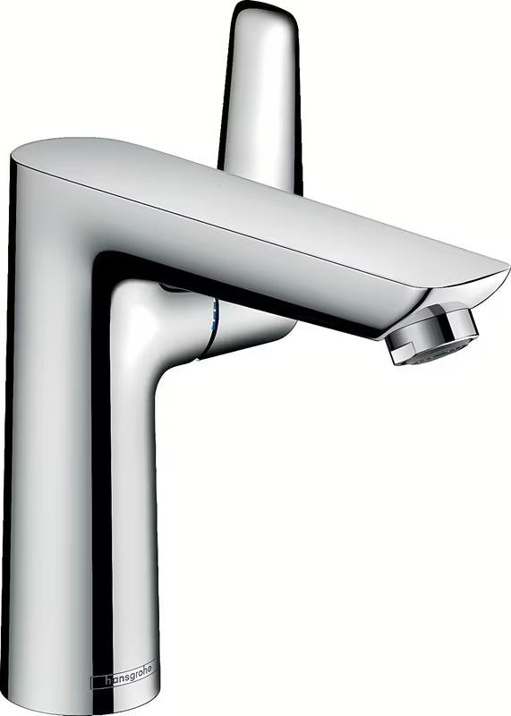 Chromowana jednouchwytowa bateria umywalkowa Hansgrohe Talis E 150 z odpływem i drążkiem.