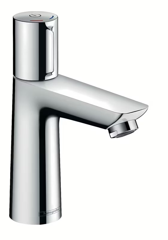 Chromowana bateria umywalkowa Hansgrohe Talis Select E z przyciskiem Select i nowoczesnym, kanciastym designem.