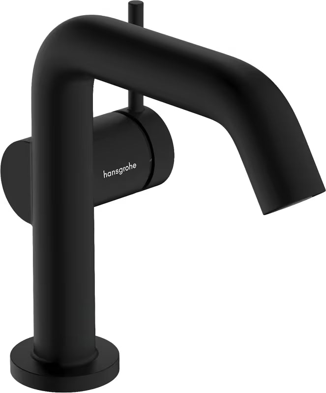 Matowa czarna bateria umywalkowa Hansgrohe Tecturis S 110 Fine z boczną dźwignią i korkiem Push open.
