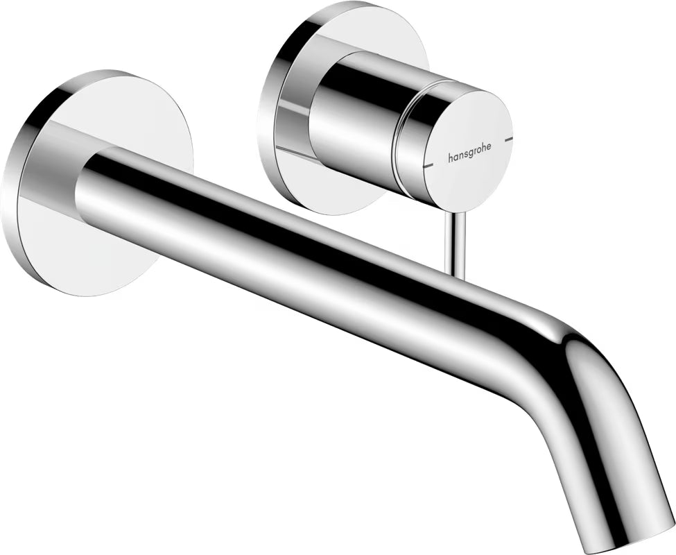 Chromowana podtynkowa bateria umywalkowa Hansgrohe Tecturis S pro do montażu ściennego z dźwignią.