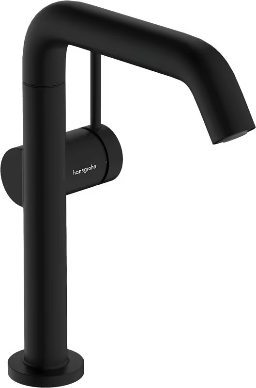 Matowo czarna jednouchwytowa bateria umywalkowa hansgrohe Tecturis S z obrotową wylewką i technologią CoolStart