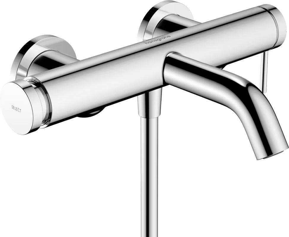 Chromowana jednouchwytowa ścienna bateria wannowa hansgrohe Tecturis S z przyciskiem Select.