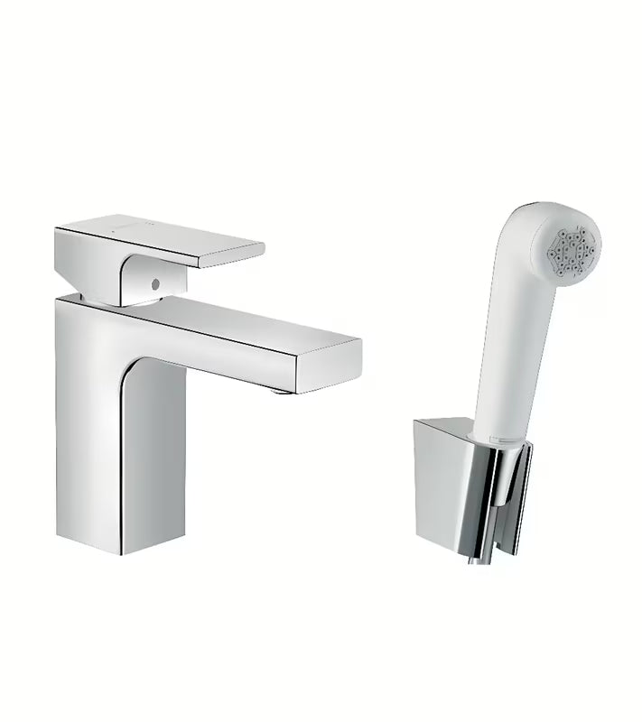 Hansgrohe Vernis Shape jednouchwytowa bateria umywalkowa w chromie z prysznicem bidetowym i wężem prysznicowym