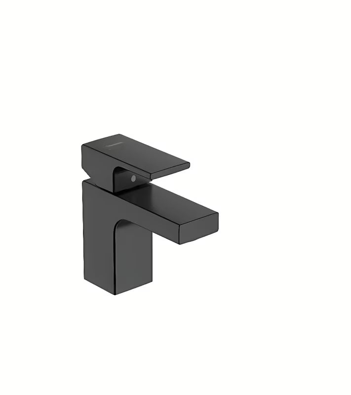 Bateria umywalkowa jednouchwytowa Hansgrohe Vernis Shape w matowej czerni z odpływem i cięgłem.