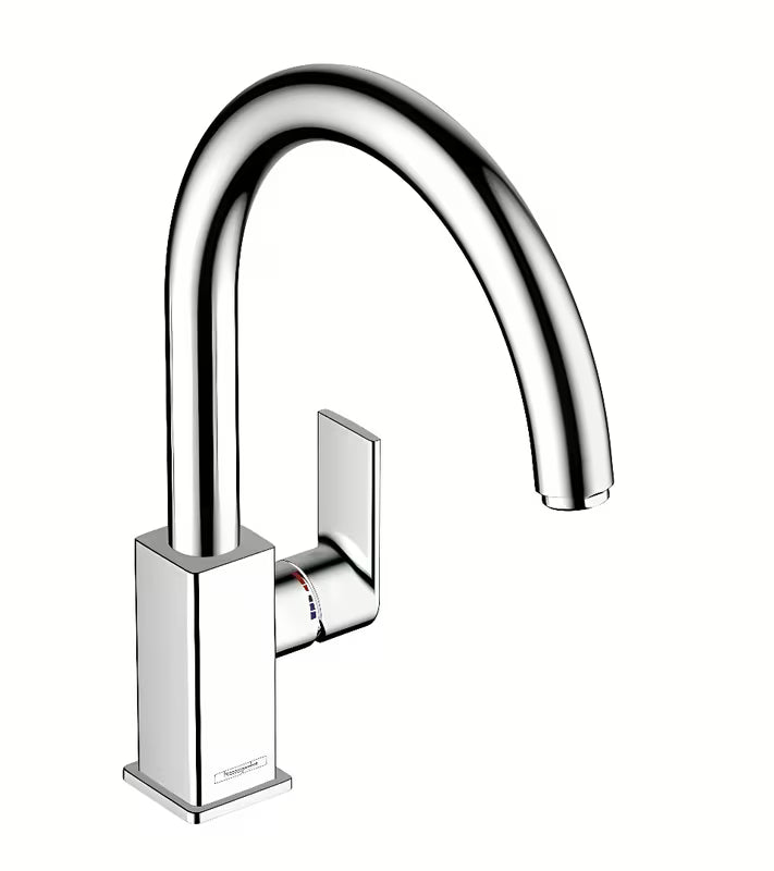 Chromowana jednouchwytowa bateria zlewozmywakowa hansgrohe Vernis Shape M35 z wysoką obrotową wylewką