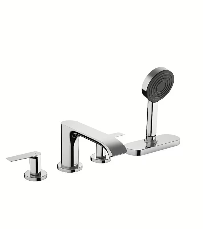 Chromowa czterootworowa bateria wannowa na brzeg wanny Hansgrohe Vivenis z główką prysznicową i sBox