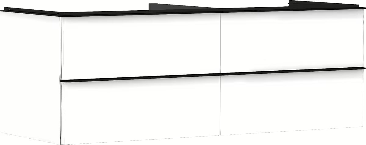 Szafka podumywalkowa Hansgrohe Xelu Q w białym połysku z czterema szufladami i uchwytem.