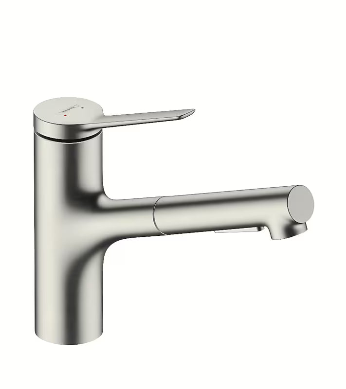 Bateria zlewozmywakowa Hansgrohe Zesis w wykończeniu stal nierdzewna z wyciąganą wylewką z przełączaniem dwóch strumieni.