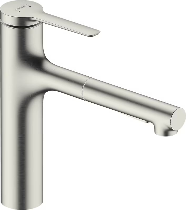 Stalowa bateria zlewozmywakowa Hansgrohe Zesis M33 z metalową wyciąganą wylewką i obrotową wylewką