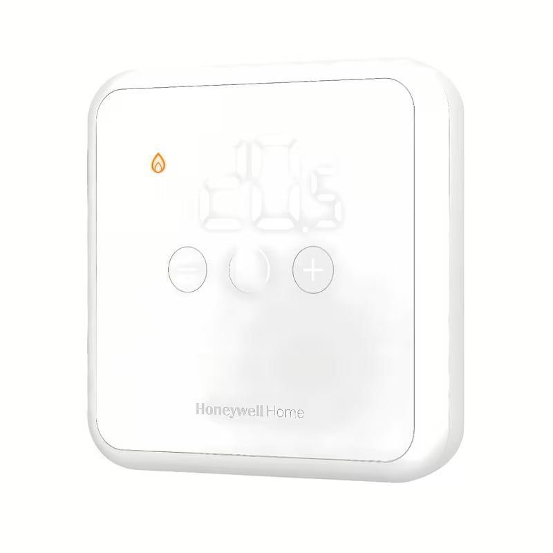 Biały przewodowy cyfrowy termostat pokojowy Honeywell DT4 z wyświetlaczem LED i przyciskami dotykowymi