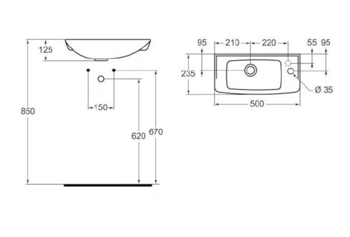 Biała mała umywalka Ideal Standard Eurovit 50 x 23,5 cm z bocznym otworem pro baterię po prawej stronie.