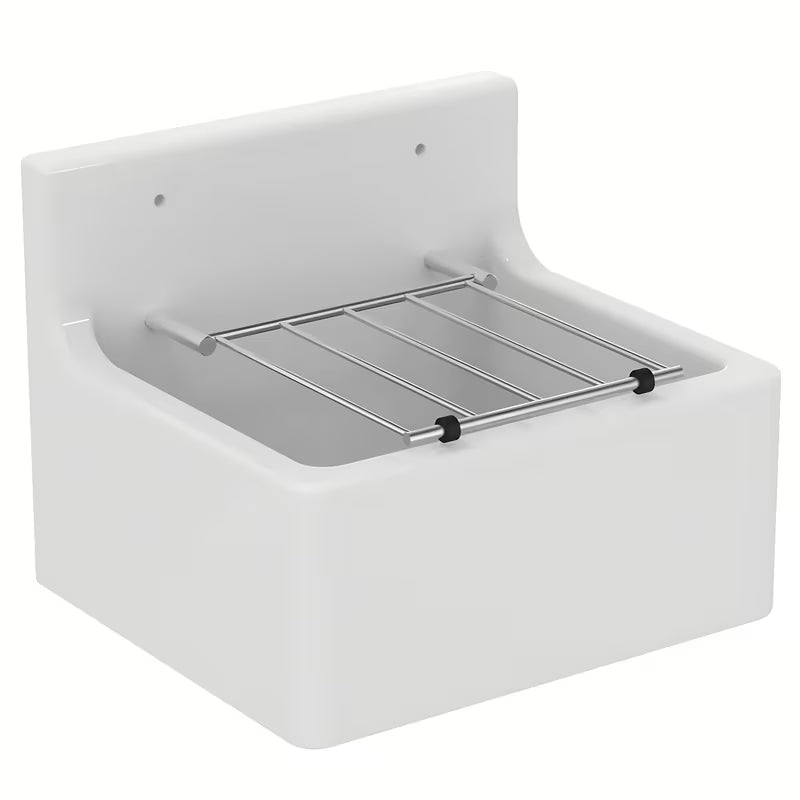 Biała wisząca zlew gospodarczy Ideal Standard Service 45,5x38 cm z chromowanym rusztem