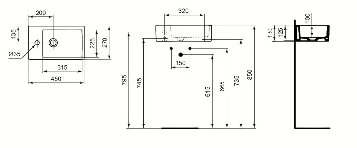 Ideal Standard Strada ceramiczna mała umywalka 45 x 27 cm w kolorze białym z otworem pro baterię po lewej stronie