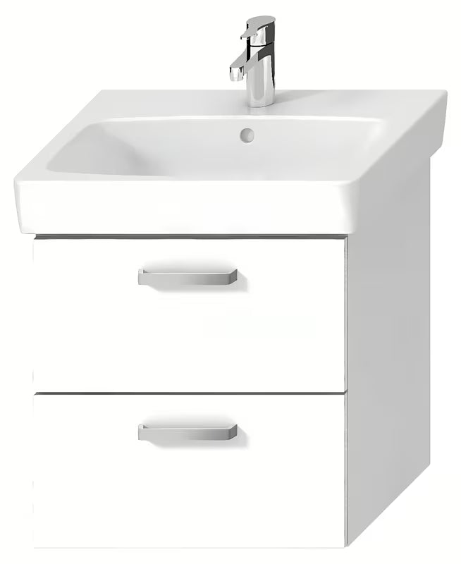 Biała wisząca szafka pod umywalkę Jika Lyra Plus Viva 54x41,6x55 cm z uchwytami ze szczotkowanego niklu.