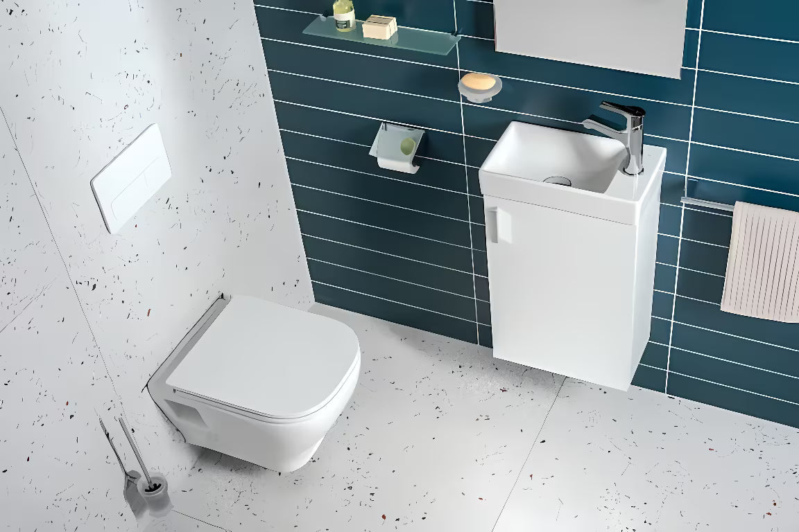 Biała wisząca szafka Jika Petit z ceramiczną umywalką w minimalistycznym stylu