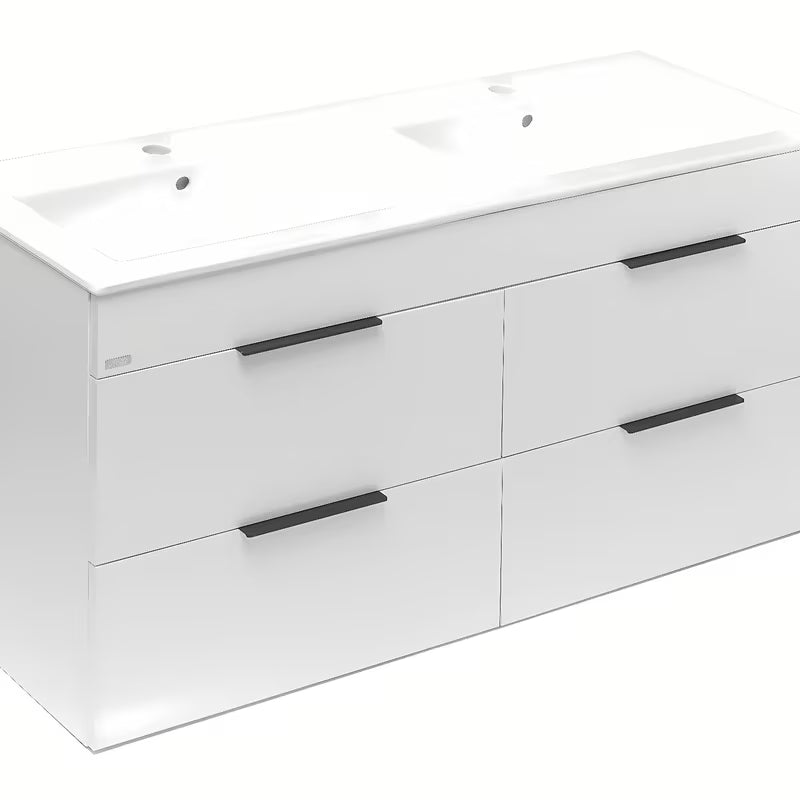 Biała wisząca szafka łazienkowa Jika Plan z ceramiczną umywalką podwójną i szufladami z pełnym wysuwem.