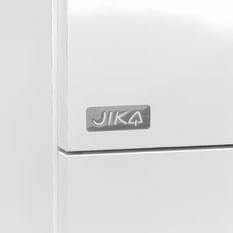 Biała wisząca szafka łazienkowa Jika Plan z ceramiczną umywalką podwójną i szufladami z pełnym wysuwem.