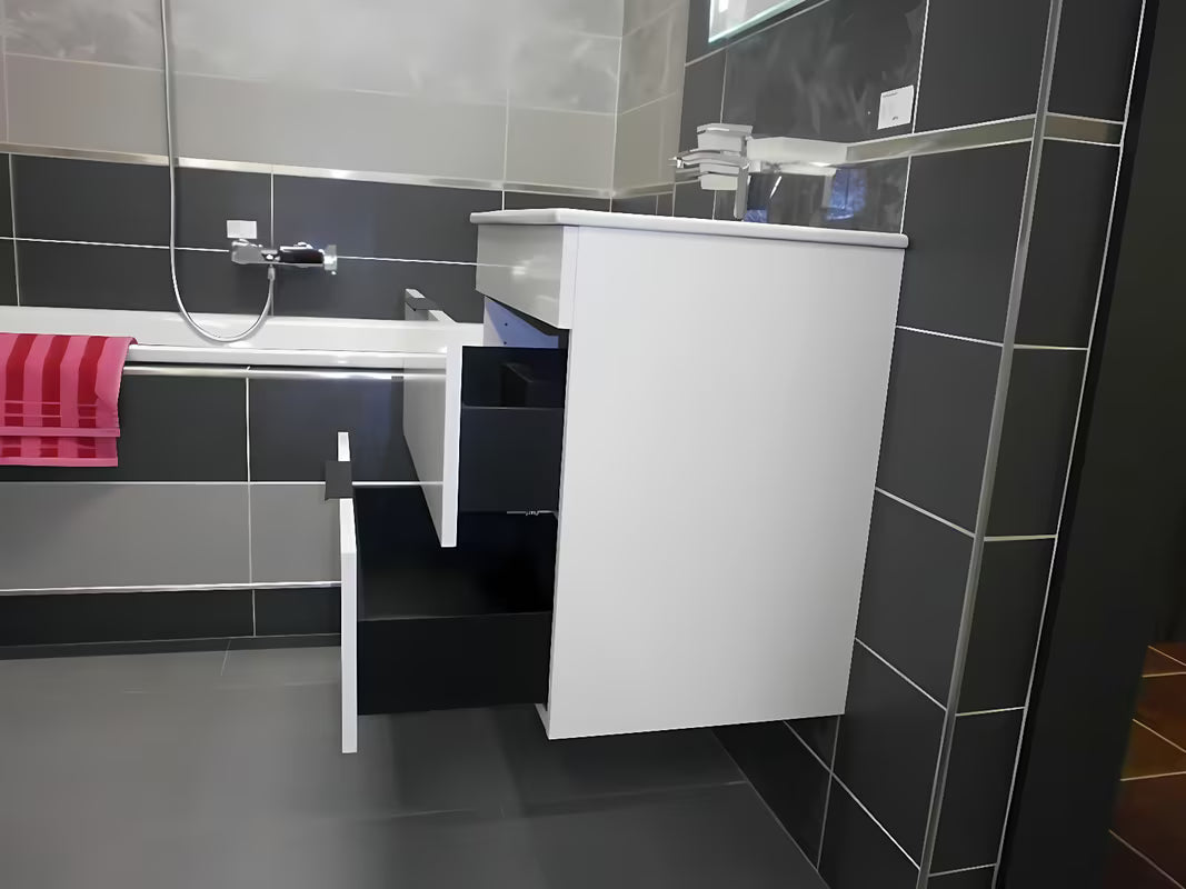 Biała szafka wisząca z umywalką ceramiczną Jika Plan z szufladami z pełnym wysuwem