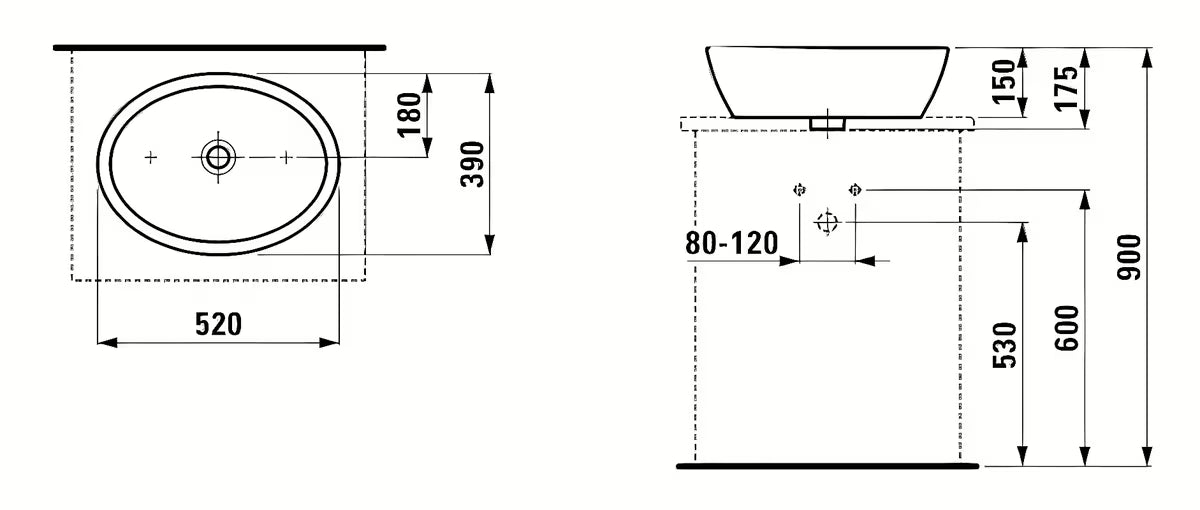 Laufen Pro umywalka nablatowa 52 x 39 cm w białej ceramice bez otworu na baterię