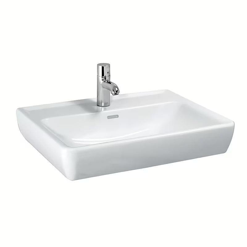 Wiszące ceramiczna umywalka Laufen Pro A 65 x 48 cm w kolorze białym z otworem na baterię pośrodku.