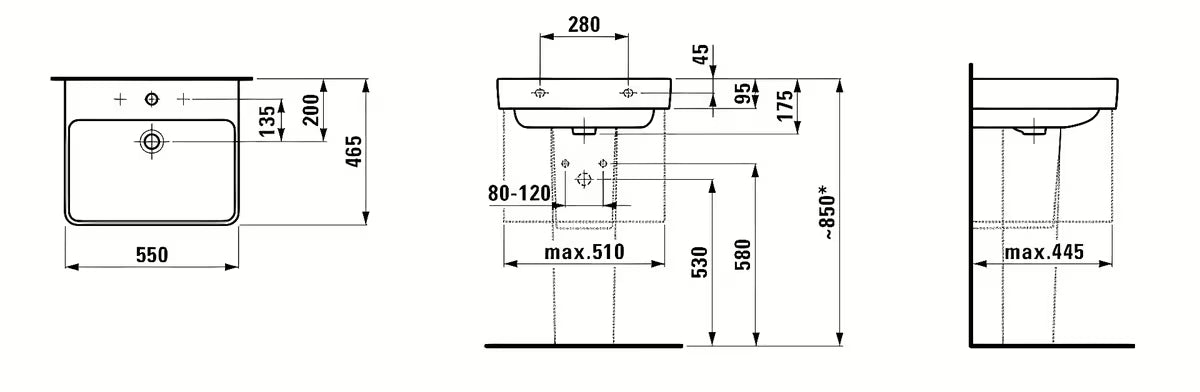 Biała umywalka wisząca Laufen Pro S z otworem pro na baterię pośrodku, 55x46,5 cm.