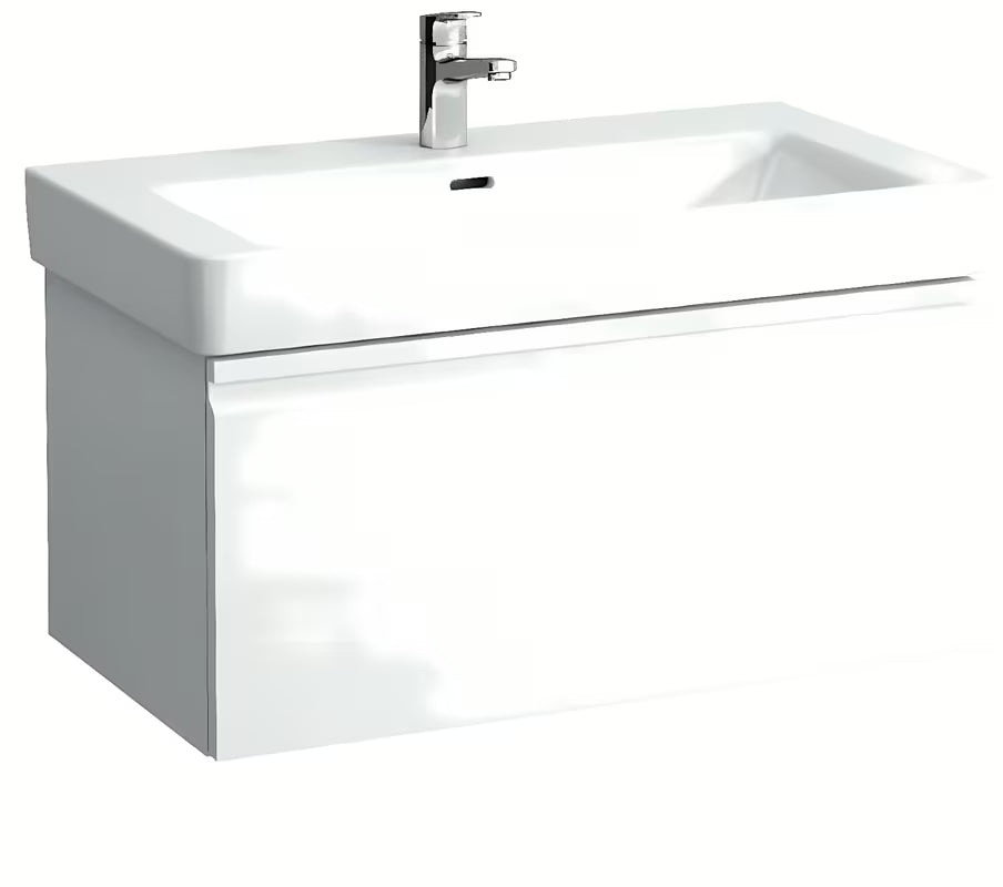 Umywalka meblowa Laufen Pro S 85x46 cm z błyszczącej białej ceramiki z otworem pro baterię pośrodku.