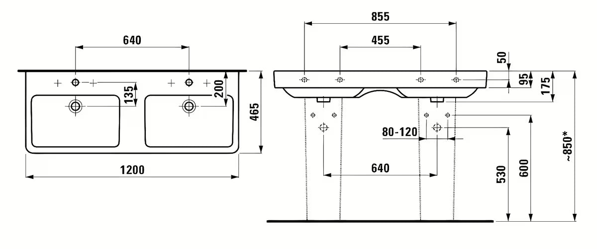 Biała ceramiczna umywalka podwójna Laufen Pro S 120 x 46 cm z dwoma otworami pro na baterię