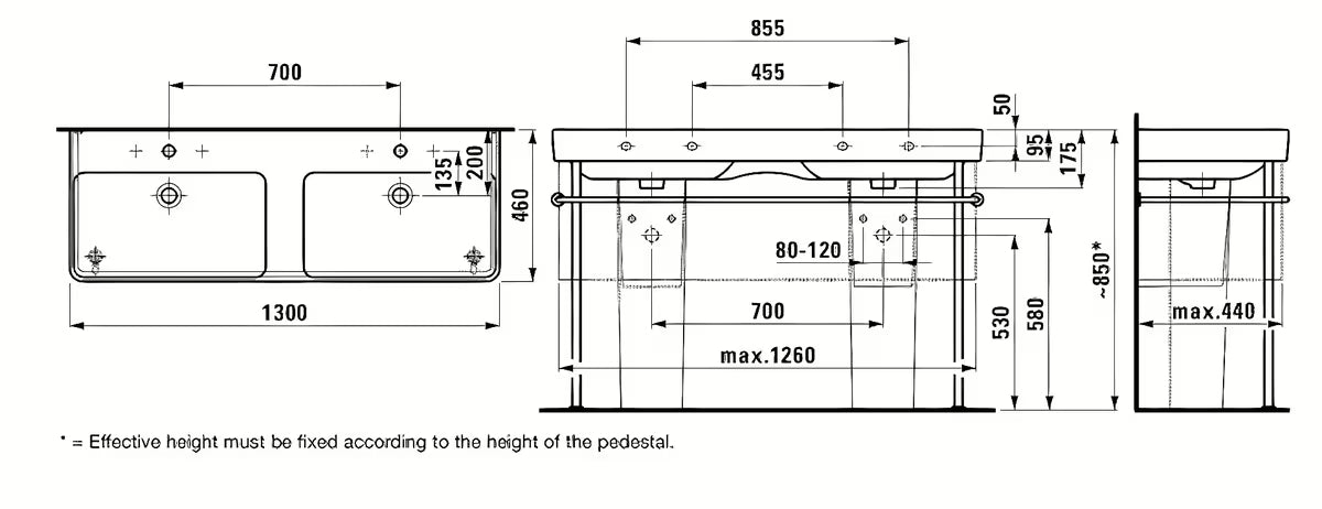 Biała ceramiczna umywalka podwójna Laufen Pro S 130x46 cm pro do zabudowy w meblu łazienkowym