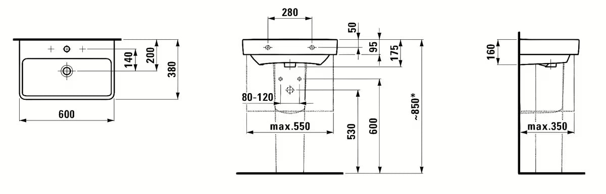 Umywalka wisząca Laufen Pro S 60x38 cm w kolorze białym z przelewem i otworem na baterię pośrodku