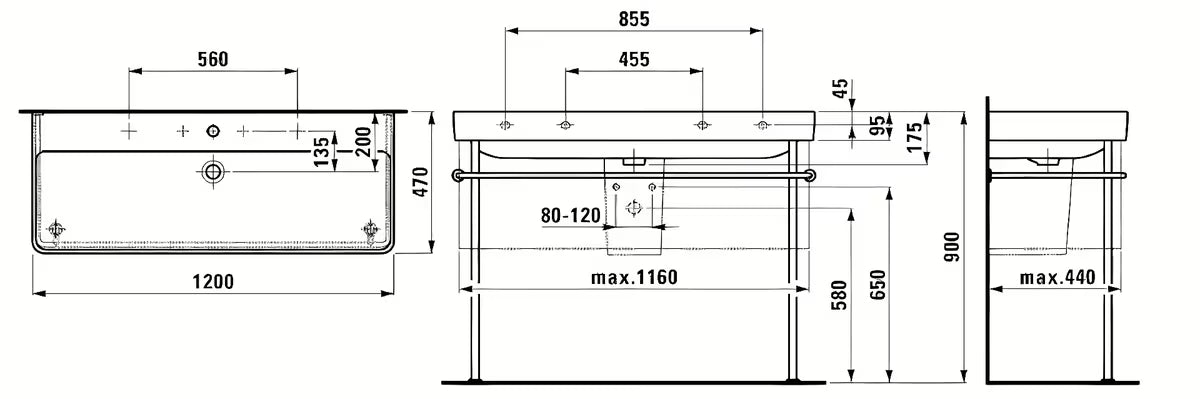 Biała wiszące podwójna umywalka Laufen Pro S 120x46 cm z ceramiki sanitarnej z dwoma otworami na pro baterię.
