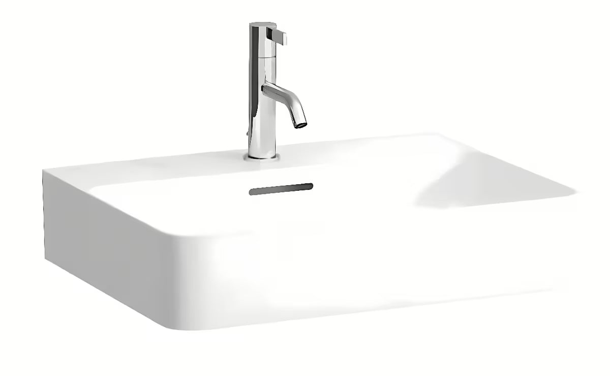 Biała umywalka wisząca Laufen Val 55x42 cm z materiału SaphirKeramik z centralnym otworem na pro baterię