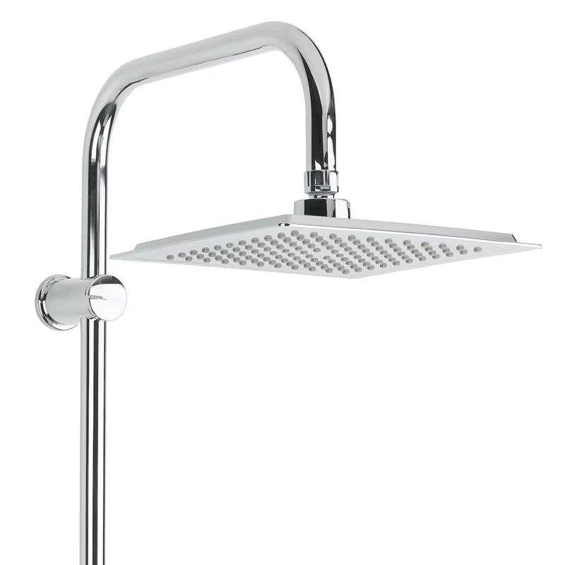 Chromowany system prysznicowy Multi z deszczownicą i słuchawką prysznicową, o kwadratowym designie