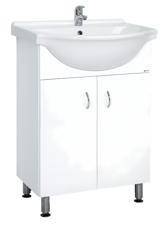 Biała szafka łazienkowa Multi Pro s z ceramiczną umywalką o szerokości 55 cm i nogami ze stali nierdzewnej.