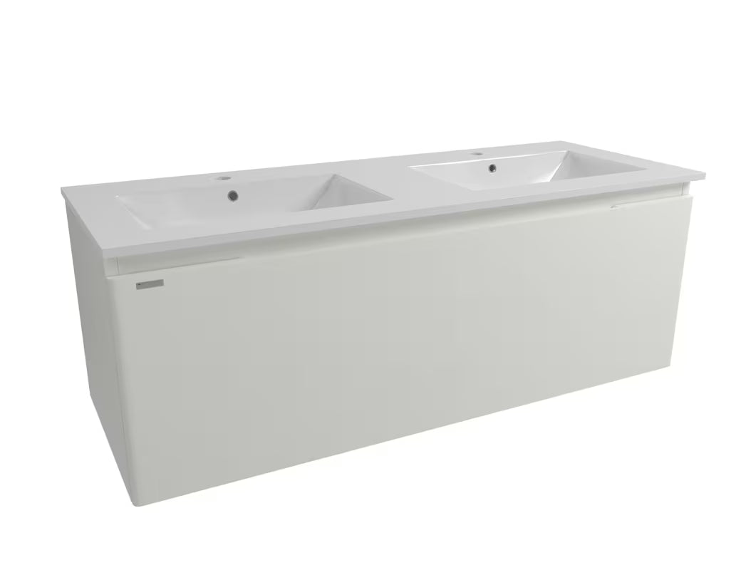 Wisząca szafka łazienkowa Naturel Ancona z cienką ceramiczną umywalką podwójną w kolorze białym.