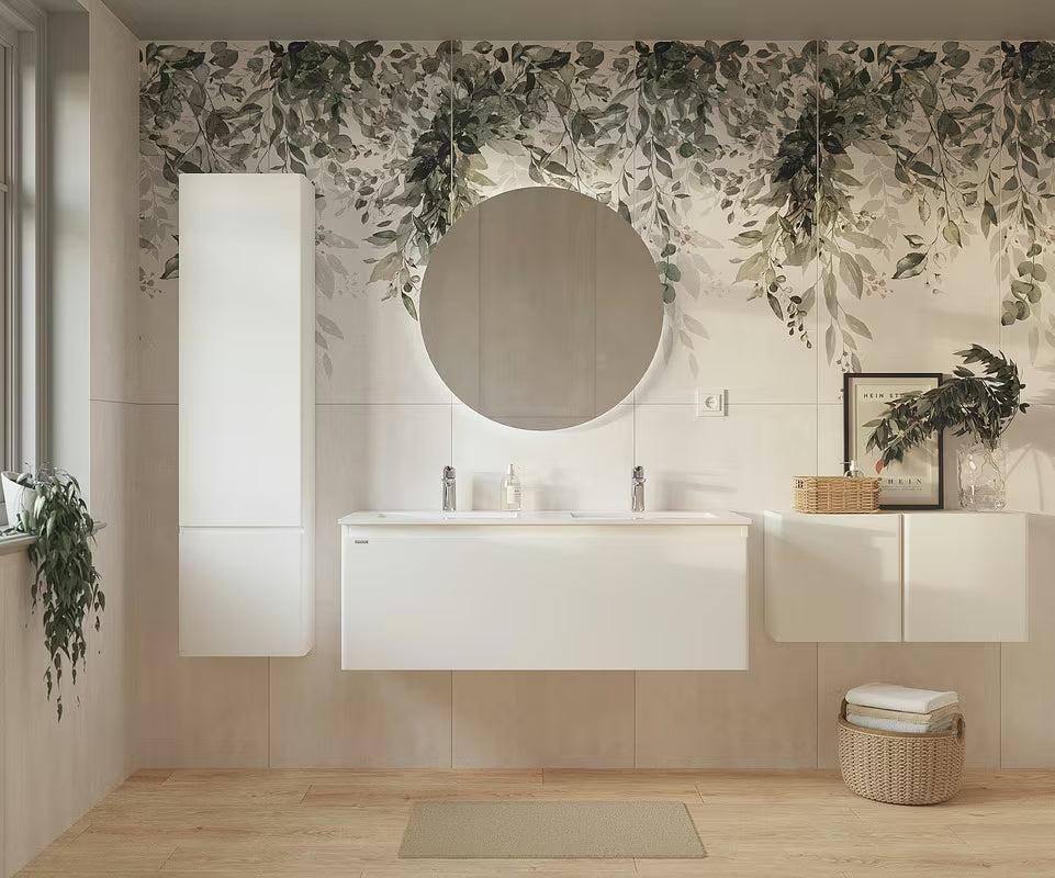Wisząca szafka łazienkowa Naturel Ancona z cienką ceramiczną umywalką podwójną w kolorze białym.
