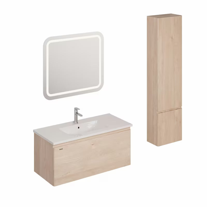 Zestaw mebli Łazienkowych Naturel Ancona w dekorze akacji z umywalką ceramiczną i lustrem LED