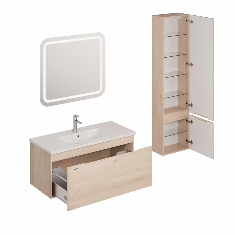 Zestaw mebli Łazienkowych Naturel Ancona w dekorze akacji z umywalką ceramiczną i lustrem LED