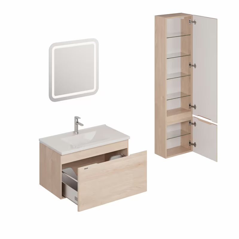 Zestaw mebli Łazienkowych Naturel Ancona w dekorze akacji z umywalką ceramiczną, szafkami, baterią i lustrem LED.