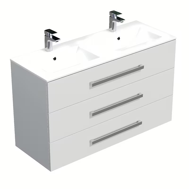 Wisząca szafka łazienkowa z umywalką ceramiczną SAT Cube Way w białym połysku z trzema szufladami