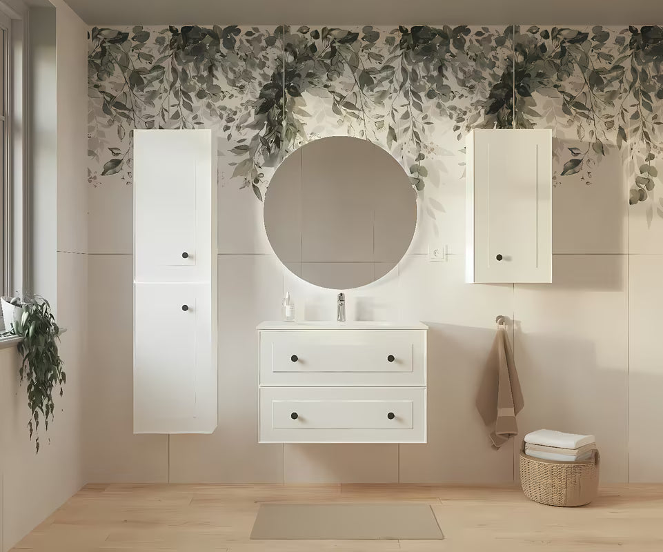 Biała szafka łazienkowa Naturel Forli z ceramiczną umywalką w nowoczesnym, prostym wzornictwie