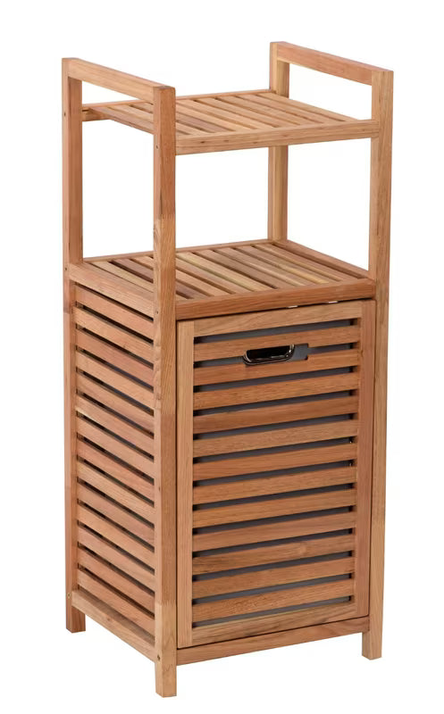 Stojący kosz na pranie Naturel Home w dekorze orzecha, z matowym wykończeniem i wyjmowaną szarą tekstylną wkładką.